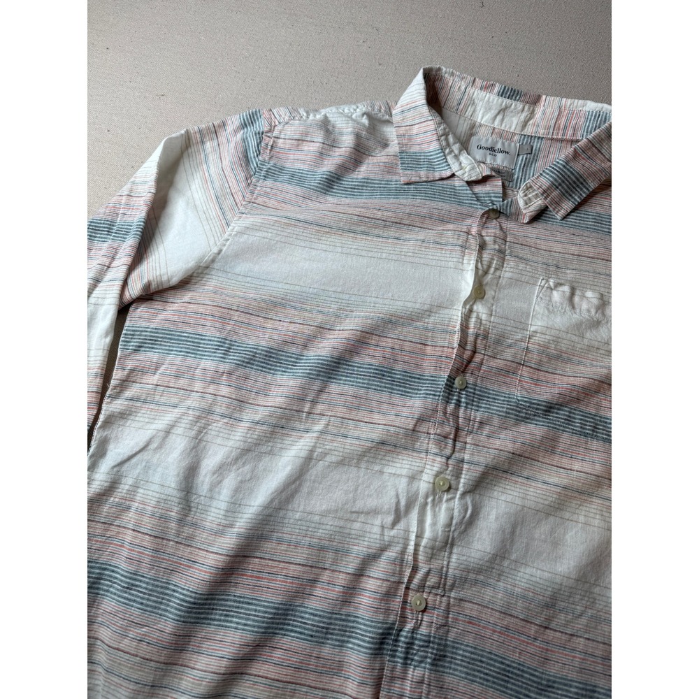 Goodfellow & Co Mens Large Linen Cotton Striped Button Down Shirt White Blue L